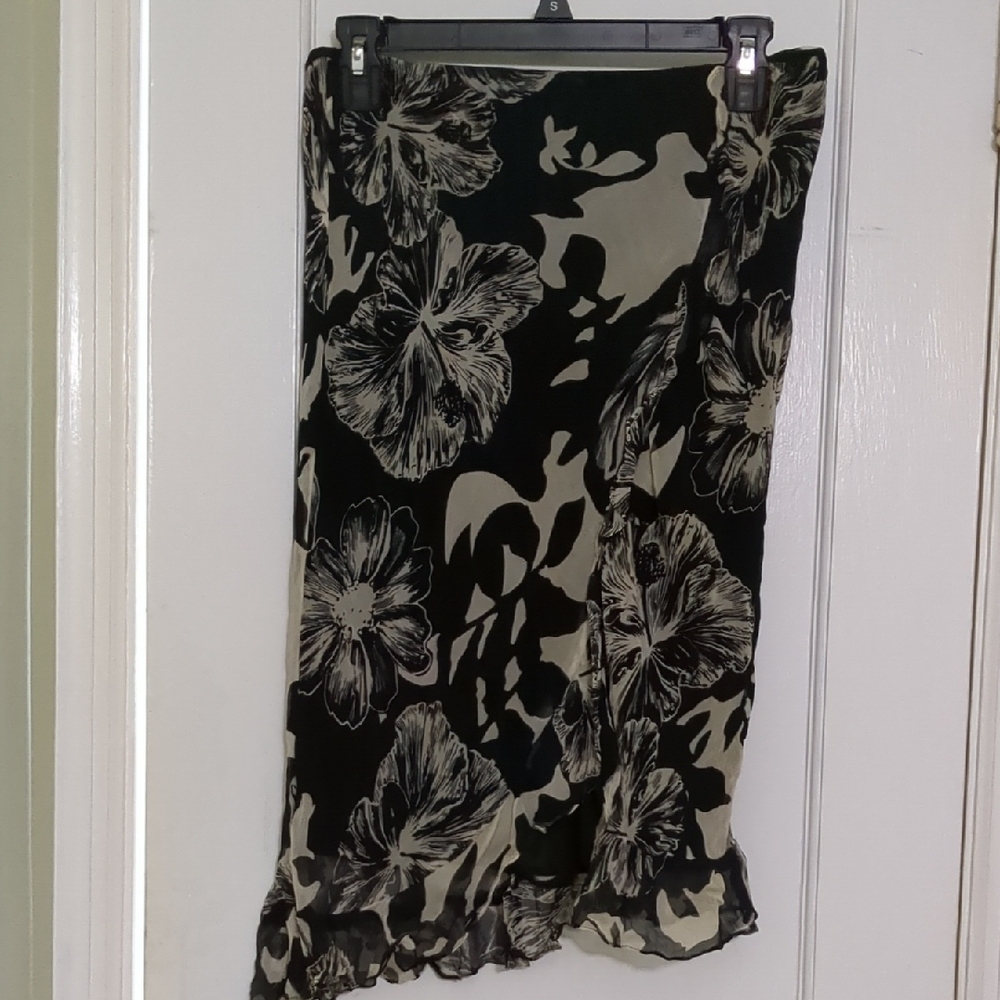 Express Black and Cream Ruffled Midi Pencil Skirt